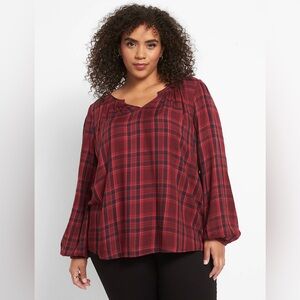 Lane Bryant Women's Plus Sz 22 Split Neck Plaid Peasant Popover Top Long Sleeve